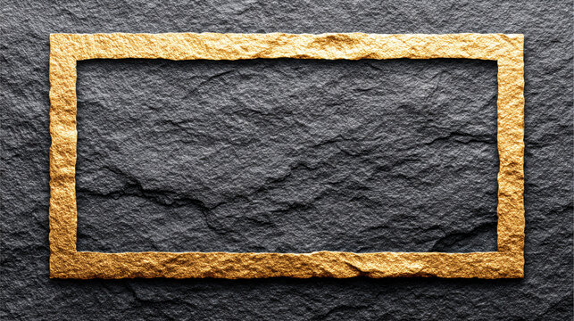 Golden metallic rectangular frame with rough texture on dark stone background, creating elegant and luxurious contrast effect