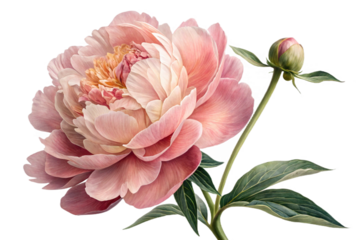 Pink peony flower with bud on stem and leaves botanical illustration