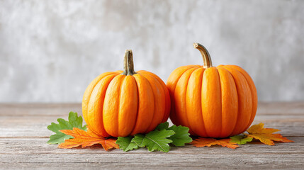 Two bright orange pumpkins with green and orange autumn leaves on rustic wooden surface create warm festive fall atmosphere