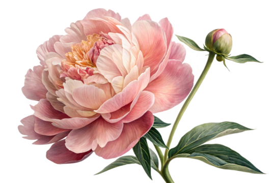 Pink peony flower with bud on stem and leaves botanical illustration