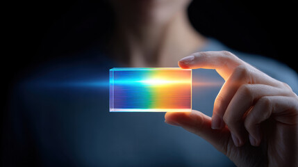 Hand holding rectangular prism refracting light into vibrant spectrum of colors, creating visually striking and colorful effect