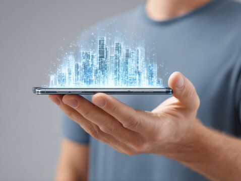 Person holding smartphone with holographic cityscape projection showing futuristic buildings and digital technology innovation
