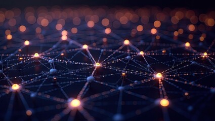 Glowing spheres connected by lines create a network, illustrating data pathways and digital connections.