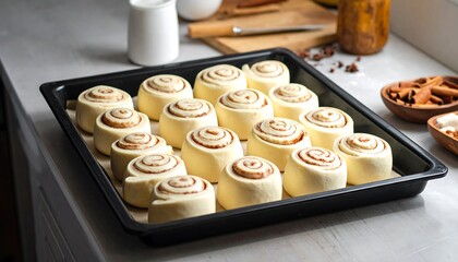 Freshly Baked Cinnamon Rolls in a Baking Pan Ready to Bake.