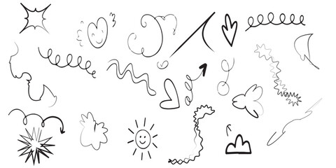 Whimsical Hand-Drawn Doodle Elements Set: Playful Lines, Hearts, Suns, Arrows, Spirals and Icons for Dynamic and Creative Designs.