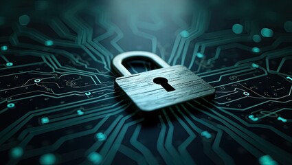 A security padlock rests upon a circuit board, symbolizing digital protection and data encryption, showcasing technological advancements with a shallow depth of field and cool teal tones against a...