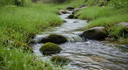 Discover peaceful nature scenes with a flowing creek and mossy stones, tranquil waters