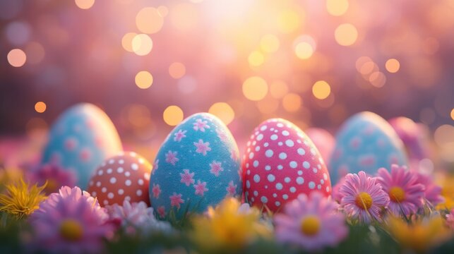 Easter icons set featuring colorful eggs, bunny, flowers, and festive holiday symbols for spring celebration design - Powered by Adobe