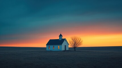 Lone church at dusk in the western Kansas prairie landscape Ellis County KS USA rural countryside evening scene