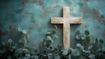 Eucalyptus botanical greenery with cross for baptism invitation Easter cross Christening holy spirit religious ceremony design