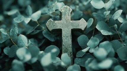 Eucalyptus botanical greenery with cross for baptism invitation Easter cross Christening holy spirit religious ceremony design