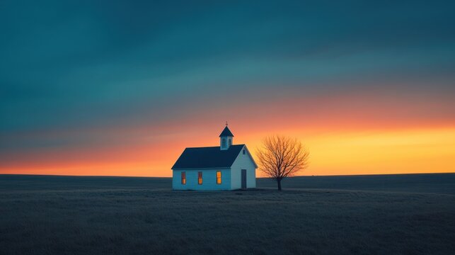 Lone church at dusk in the western Kansas prairie landscape Ellis County KS USA rural countryside evening scene - Powered by Adobe