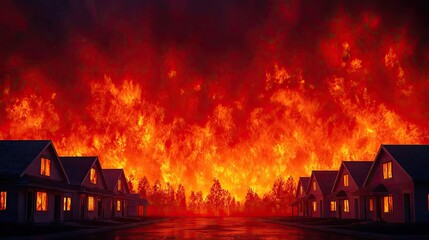 Residential houses consumed by intense wildfire concept. A dramatic scene of a wildfire threatening homes in a neighborhood.