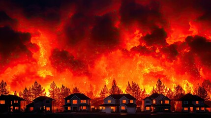 Residential houses consumed by intense wildfire concept. A dramatic wildfire scene with burning trees and homes.