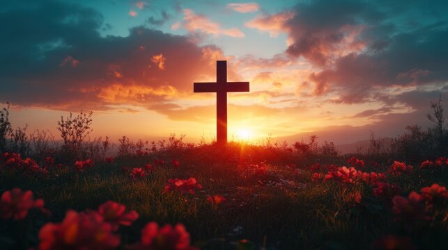 Good Friday concept with wooden cross silhouette against vibrant sunset sky background symbolizing faith and hope