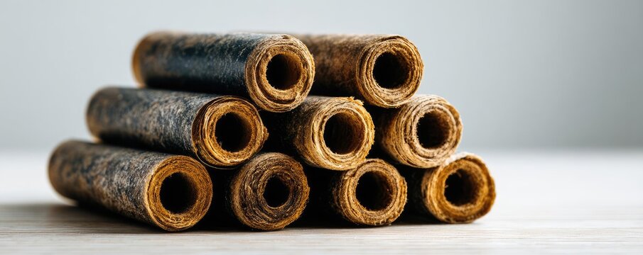 Old underexposed 35mm film on white concept. Stack of rolled tortillas ready for culinary creativity.