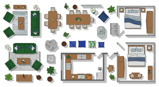 modern household furniture and room layouts in top view ideal for interior design and architectural planning.