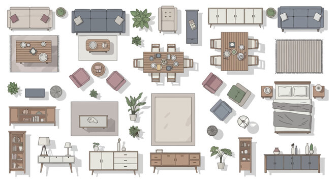 overhead view furniture collection for modern interior design layouts architectural floor plans and home staging visualization projects.