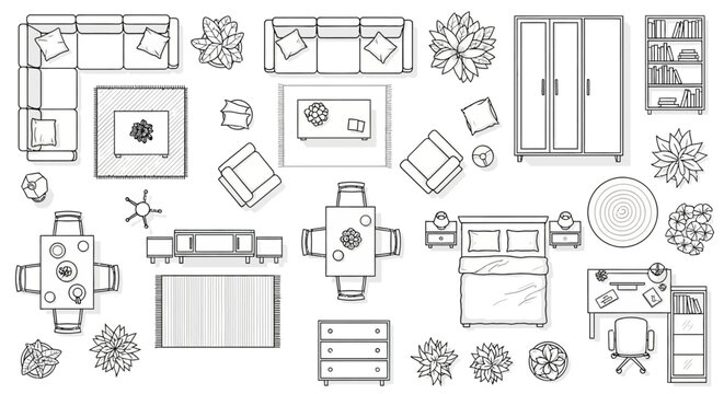 plan view furniture and decor outlines in line art for architectural floor plans interior design and residential layout.