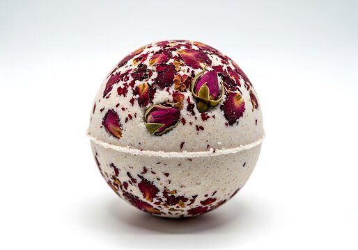 Floral bath bomb with dried rose petals and buds rests on white.