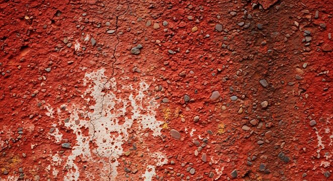 Red textured wall with small pebbles and peeling paint details.