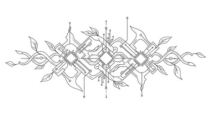 Intricate abstract design blending organic leaves with futuristic circuit board elements