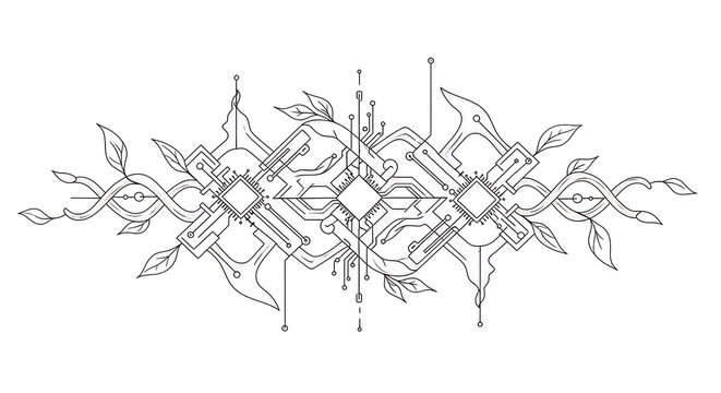 Intricate abstract design blending organic leaves with futuristic circuit board elements