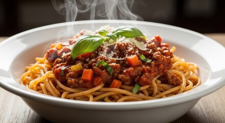 Delicious Spaghetti Bolognese with Fresh Basil and Parmesan Cheese.