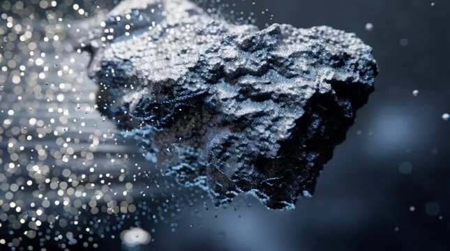 Cosmic asteroid journey through deep space with debris trail.