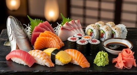 Delicious sushi and sashimi platter with fresh fish and various accompaniments.