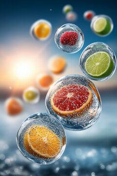 Floating citrus and berry slices encased in clear ice orbs create refreshing and vibrant scene against blurred sunset background. image evokes sense of freshness and vitality