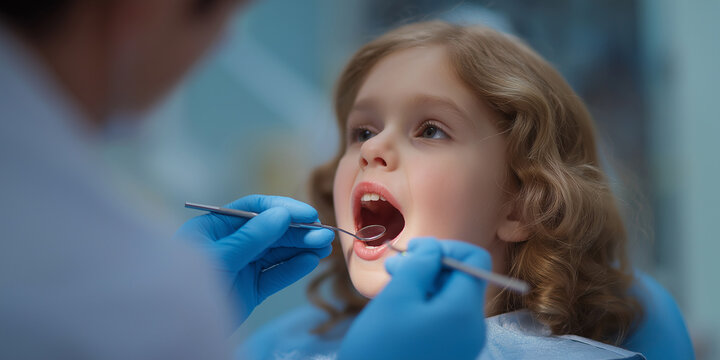 Dentist examines child teeth with tiny mirror, ensuring dental health. child sits calmly in dental chair, surrounded by professional environment