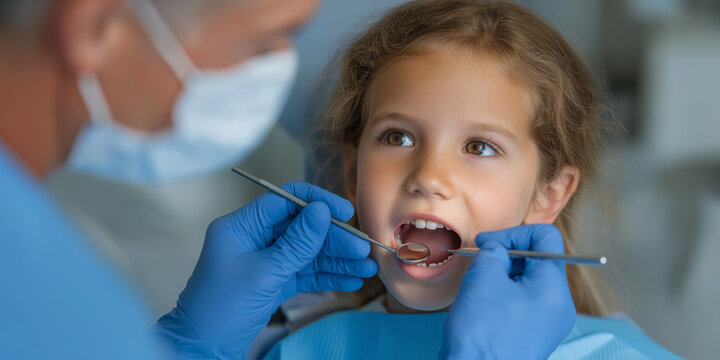Dentist examines child teeth with tiny mirror, ensuring dental health and comfort. child appears calm and cooperative during dental check up