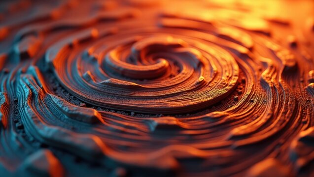 Concentric spiral texture features layered, organic forms, showcasing gradients of orange and blue colors with a central focus, creating a dynamic and textured visual impression against a warm...