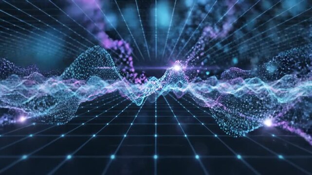 Dynamic digital wave of glowing data points and grid lines symbolizing advanced technology and virtual connectivity in a futuristic cyber environment.