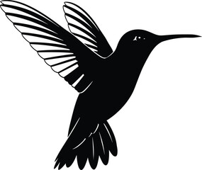 Stylized black hummingbird silhouette in flight with spread wings, perfect for nature icons, wildlife logos, vector art, and design elements.