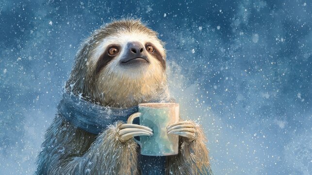 Cute sloth holding mug in winter wonderland with soft snowfall - Powered by Adobe