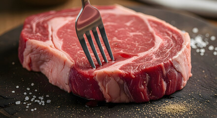 fork piercing raw meat