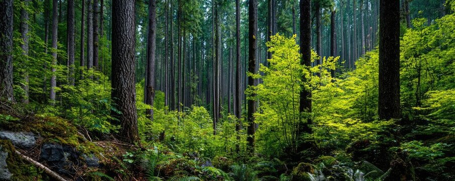 Forest managed sustainably with fsc certification concept. Lush green forest teeming with trees and vibrant undergrowth.