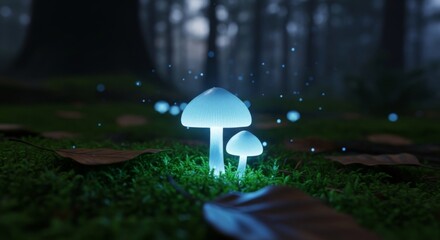 Luminous mushrooms in a mystical forest