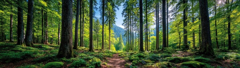 Obraz premium Forest managed sustainably with fsc certification concept. A serene forest pathway surrounded by vibrant green trees.