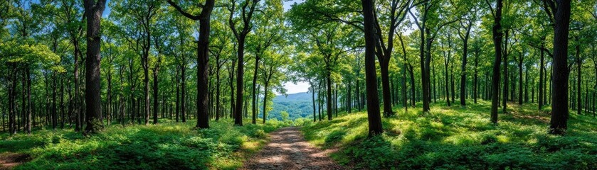 Fototapeta premium Forest managed sustainably with fsc certification concept. A serene pathway through a vibrant forest full of greenery.