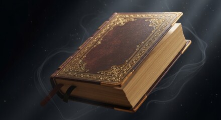 Ornate leather book with gold details floating in dark atmosphere