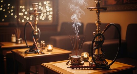 Ornate hookahs and incense on wooden tables with soft lighting