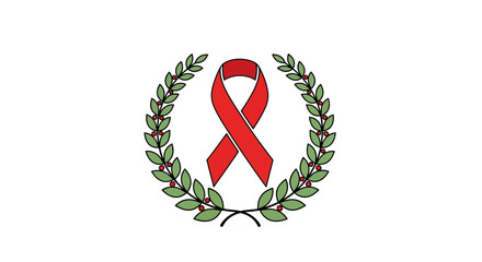 Red ribbon symbol of awareness surrounded by laurel wreath.