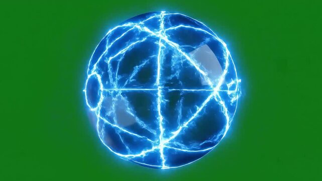 A glowing blue quantum computer graphic with neon-like circuitry against a solid greenscreen background, showcasing futuristic technology.