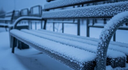 Snow covered park bench in winter