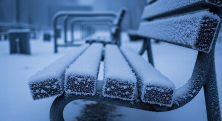 Snowy benches in a row on a cold winter day
