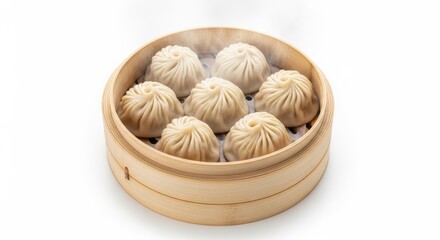 Steaming Basket of Soup Dumplings on White Background.