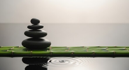 Stacked stones on bamboo with water ripples
